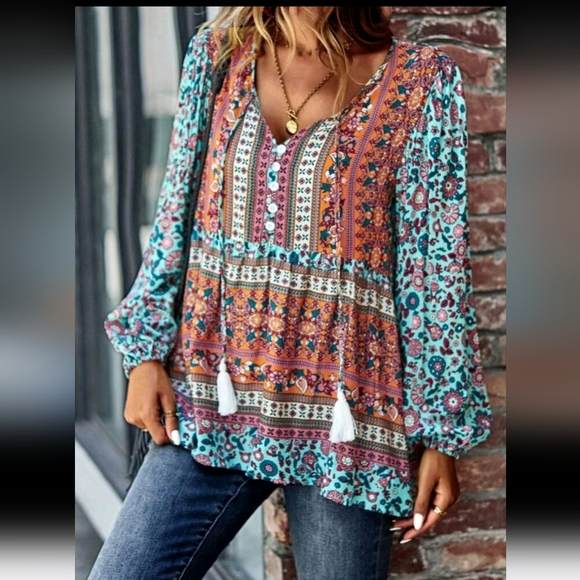 Floral Colorblock Tie Neck Puff Sleeve Peplum Top Blouse Shirt - Picture 4 of 5